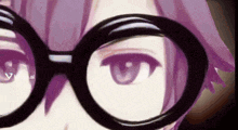 a close up of a person wearing glasses and purple hair .