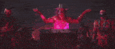 a purple light is coming out of the mouth of a demon