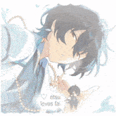 a drawing of a boy with the words " ritsu loves fai " on it