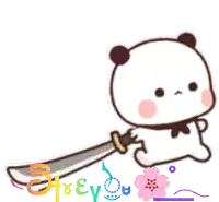 a cartoon panda bear is holding a sword in front of a sign that says " i love you "