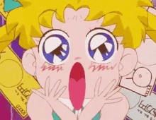 a close up of a cartoon character with a surprised look on her face