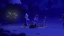 a group of cartoon characters are sitting on a picnic blanket in the dark