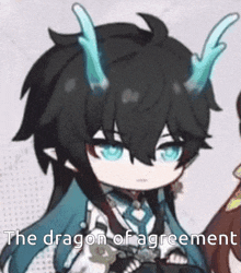 a cartoon character with blue horns and the words the dragon of agreement