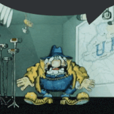 a cartoon character stands in front of a sign that says uf
