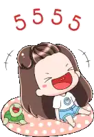 a cartoon girl is sitting on a pillow with a turtle next to her .
