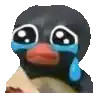 a penguin is crying with a tear coming out of its eyes .