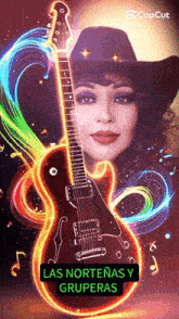 a woman in a cowboy hat is holding a guitar with the words las nortenas y gruperas on the bottom