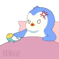 a penguin is laying in bed next to an alarm clock with the word pengu on the bottom