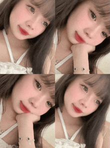 a girl wearing a white top and a bracelet looks at the camera