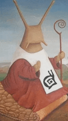 a painting of a snail wearing a robe and holding a cane and a sign .