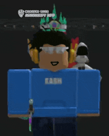 a cartoon character with a blue shirt that says kash on it