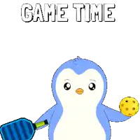 a penguin is holding a paddle and a frisbee and the words game time are above it