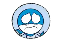 a blue and white drawing of a sad face with tears coming out of it 's eyes