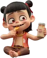 a cartoon character with a jar of peanut butter in her hand