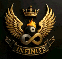 a pool ball with wings and a crown and the word infinite below it