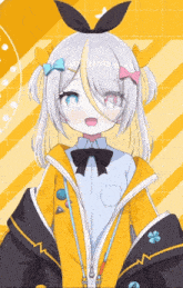 a girl with white hair and blue eyes wears a yellow jacket