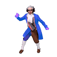 a man in a blue coat and brown pants is dancing with his fist in the air