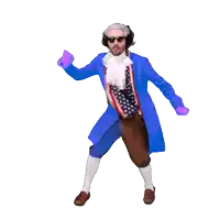 a man in a blue coat and brown pants is dancing with his fist in the air