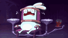a cartoon of a rabbit in a chair with a purple background