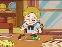 a cartoon of a girl sitting at a table with a plate of food
