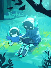 a drawing of two robots reading a book with the word artif scrap written on the bottom