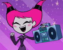 a girl with pink hair is holding a boombox that says h.i.t.h. on it