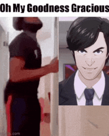 a man in a black shirt is standing next to a picture of a man in a suit