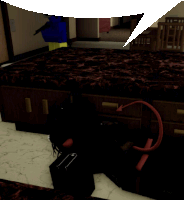a computer generated image of a room with a speech bubble above it