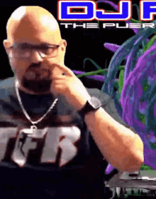 a man wearing glasses and a shirt that says ' dj f ' on it
