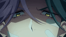 a close up of a person 's face with yellow eyes and purple hair