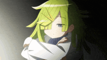 a girl with long green hair and a yellow stripe on her forehead