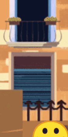 a cartoon drawing of a balcony with a yellow smiley face in front of it