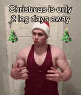 a shirtless man wearing a santa hat stands in front of a door with christmas trees on it
