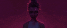 a close up of a person 's face with purple eyes and a purple background .