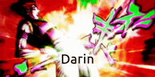 a cartoon character is holding a sword and the word darin is on the bottom of the image .