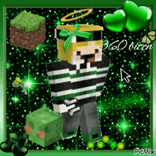 a minecraft character with a green bow on his head is surrounded by green hearts