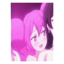 a couple of anime girls with pink hair are standing next to each other .