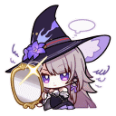 a chibi witch is looking at herself in a mirror .