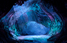 a painting of a cave with a light shining through