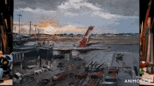 a painting of an airport with the words made in animatica on the bottom