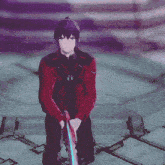 a man in a red jacket holds a sword in his hands