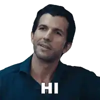 a man in a blue shirt says hi in white letters on a white background