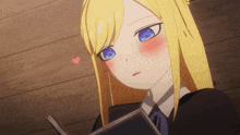 a girl with blonde hair and blue eyes is reading a book and has a heart coming out of her mouth
