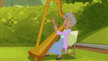 a cartoon drawing of an older woman playing a harp