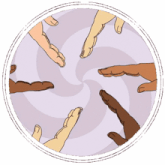 a group of hands of different races are stacked in a circle .