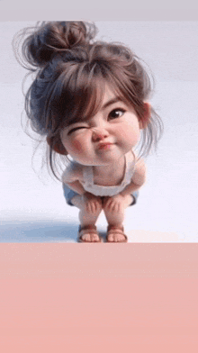 a little girl with a bun on her head is making a funny face while kneeling down .