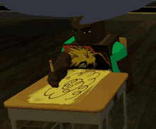 a cartoon character is sitting at a desk with a pencil and drawing on a piece of paper