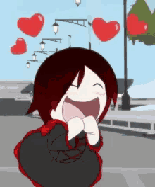 a cartoon character with red hair is laughing with red hearts behind her