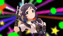 a girl in a maid outfit stands in front of colorful lights