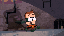 a cartoon character with big eyes and a s on his pants